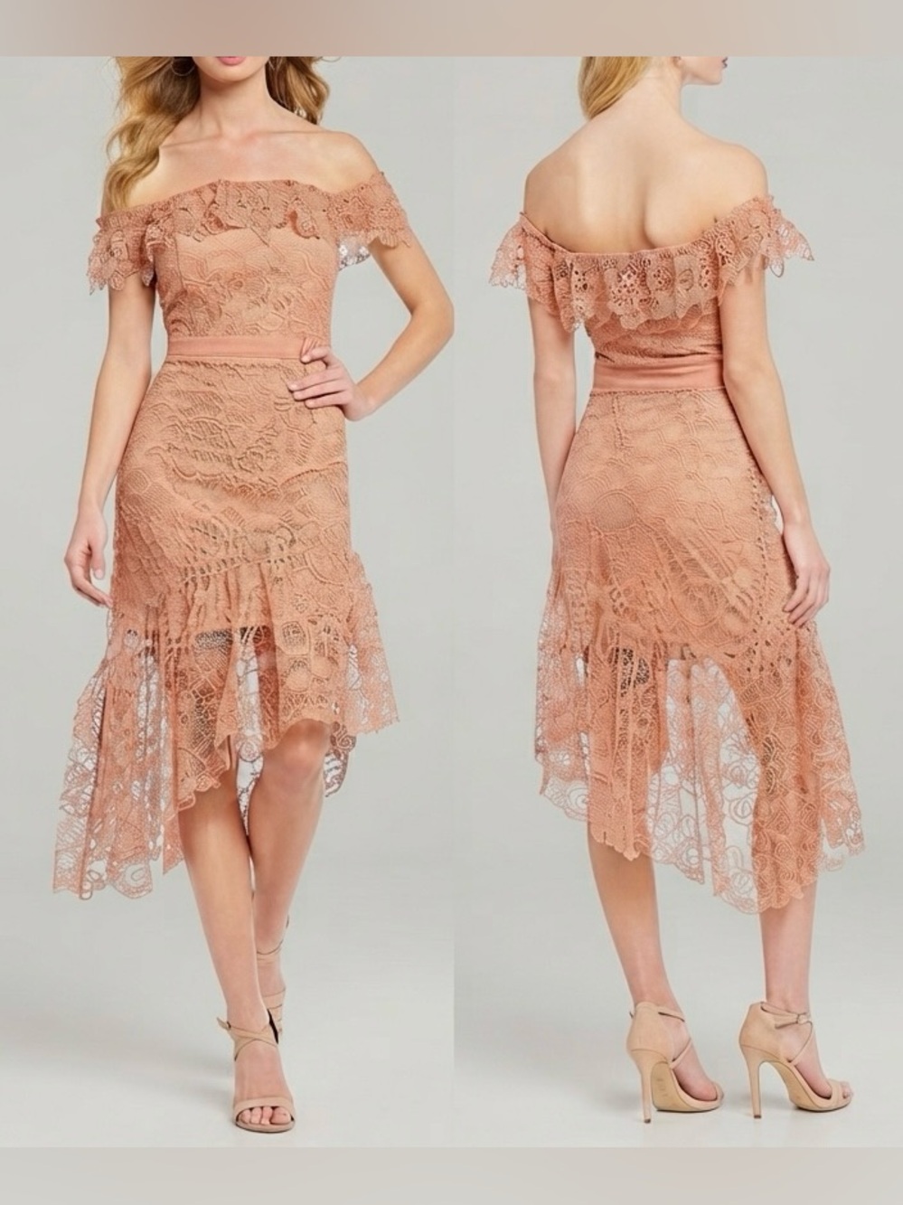 NWT Gianni Bini Carly Off The Shoulder Lace Midi Dress Nude Medium Asymmetric